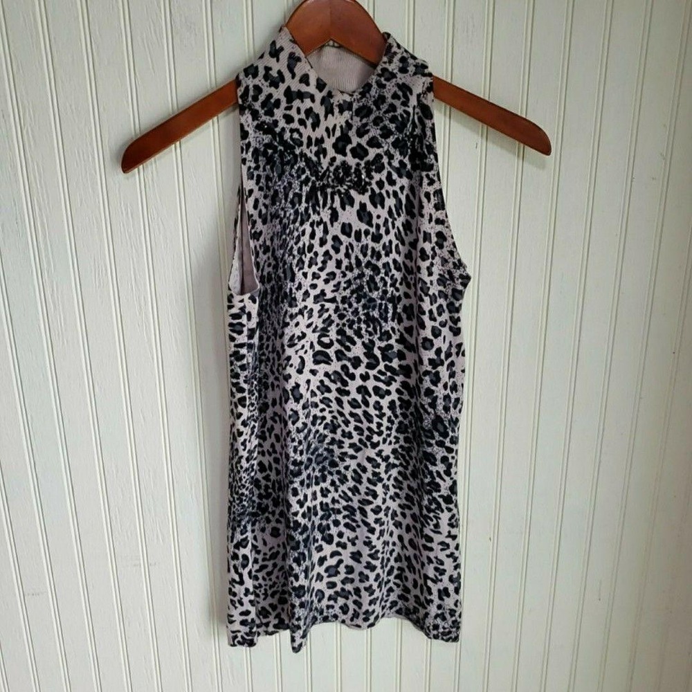 Vertigo Paris Tank Top Womens XS Beige Mock Neck Sleeveless Animal Print Tunic